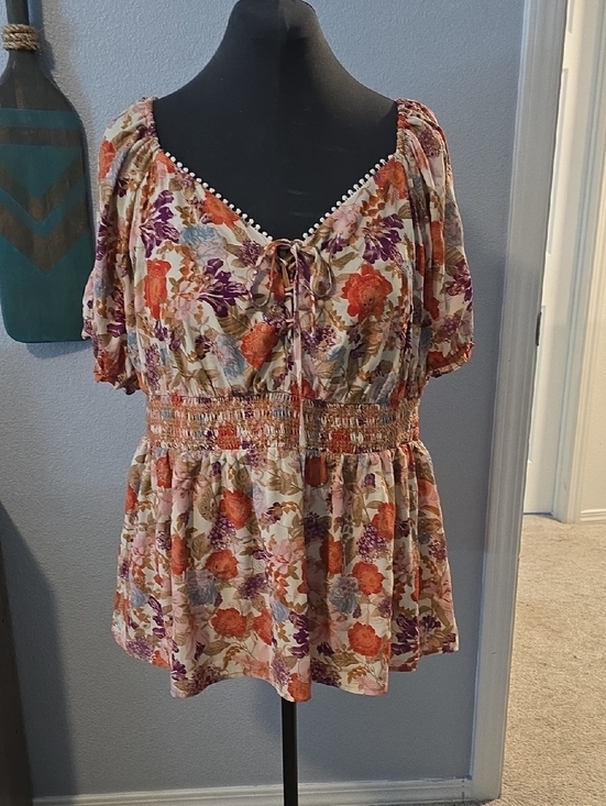 torrid Tops - torrid Floral Lace-Up Peasant Top in Cream, Orange & Purple